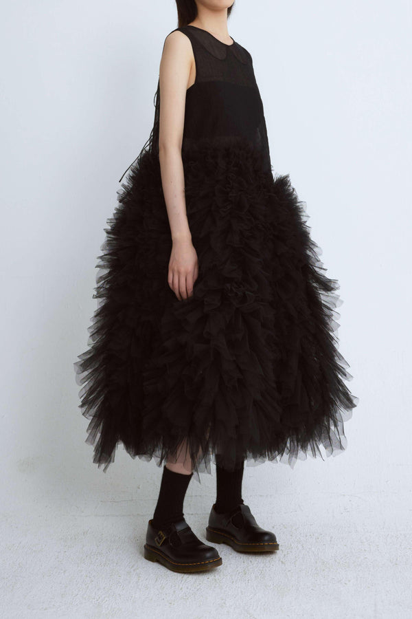 Caroline Hu black tulle folds wrinkle ruffled drill dresses CHRS23D04